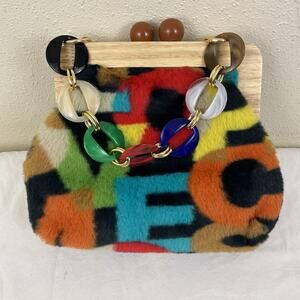 NEW Colorful Faux Fur Geometric Handbag Wooden Frame Acrylic Chain Retro Mod Bag